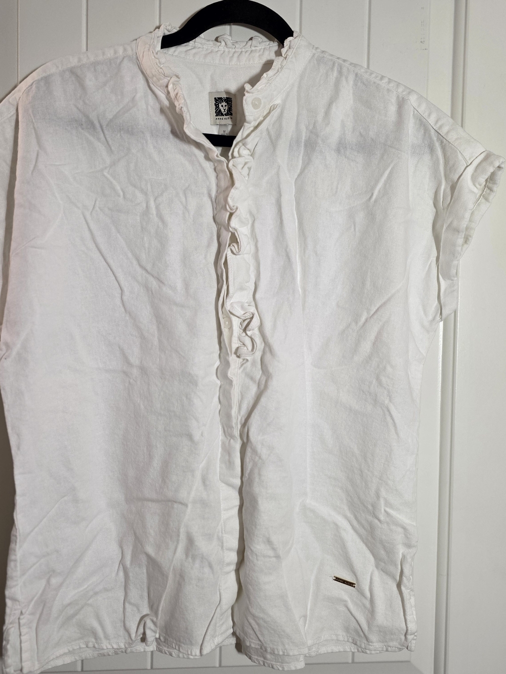 Anne Klein Linen White Ruffle-Trim Blouse